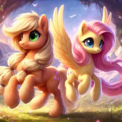 Size: 1024x1024 | Tagged: safe, machine learning generated, ponerpics import, ponybooru import, applejack, fluttershy, earth pony, pegasus, pony, ai content, alternate cutie mark, alternate hairstyle, bing, duo, female, fluffy, flying, image, jpeg, mare, missing accessory, rearing, unshorn fetlocks