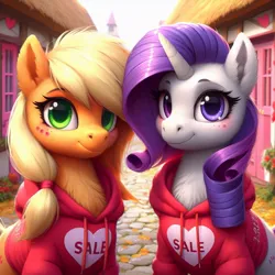 Size: 1024x1024 | Tagged: safe, machine learning generated, ponerpics import, ponybooru import, applejack, rarity, earth pony, pony, unicorn, ai content, alternate eye color, bing, clothed ponies, clothes, ear fluff, ears, female, fluffy, heart, hoodie, image, implied sale, jpeg, looking at you, mare, matching outfits, missing accessory, neck fluff, ponyville, red clothes, smiling, smiling at you