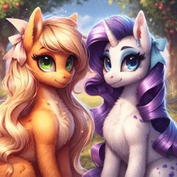 Size: 1024x1024 | Tagged: safe, machine learning generated, ponerpics import, ponybooru import, applejack, rarity, earth pony, pony, unicorn, ai content, alternate hairstyle, apple, apple tree, bing, bow, countershading, duo, female, fluffy, food, hair bow, image, jpeg, looking at you, mare, missing accessory, sitting, tree