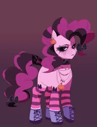 Size: 829x1080 | Tagged: safe, artist:aztrial, derpibooru import, pinkie pie, earth pony, pony, boots, bow, clothes, collar, ear piercing, earring, emo, eyeshadow, female, gameloft interpretation, hair bow, image, jewelry, jpeg, lipstick, makeup, mare, missing cutie mark, necklace, piercing, shoes, socks, solo, stockings, striped socks, tail, tail bow, thigh highs
