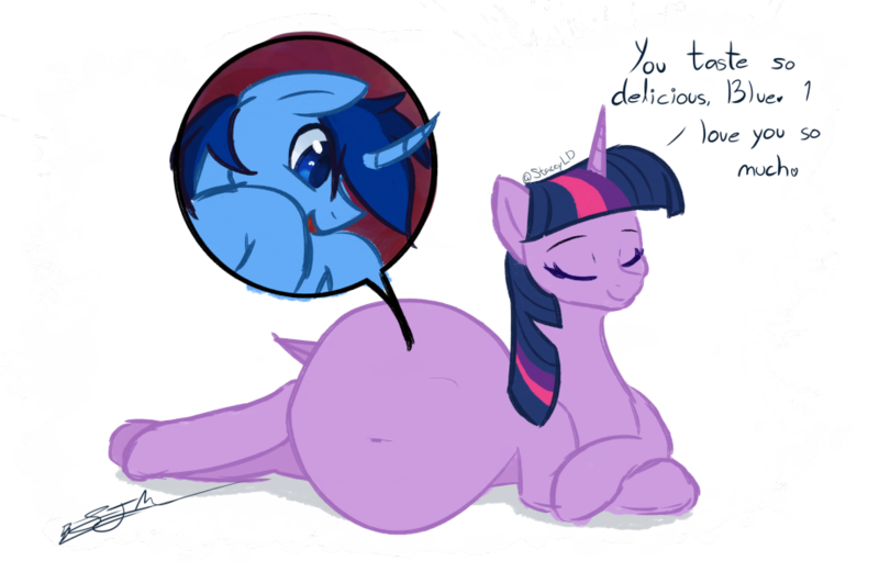 Size: 922x600 | Tagged: source needed, questionable, artist:staceyjane, derpibooru import, twilight sparkle, twilight sparkle (alicorn), oc, oc:blue thunder, alicorn, image, love, png, soft vore, thundersparkle, vore