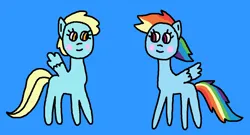 Size: 1215x655 | Tagged: safe, artist:the-rainbow-nigga420, derpibooru import, rainbow dash, sassaflash, pegasus, pony, 1000 hours in ms paint, background pony, blue background, blushing, cute, dashabetes, duo, female, g4, image, lesbian, mare, ms paint, paint.net, png, sassabetes, sassadash, shipping, simple background, smiling