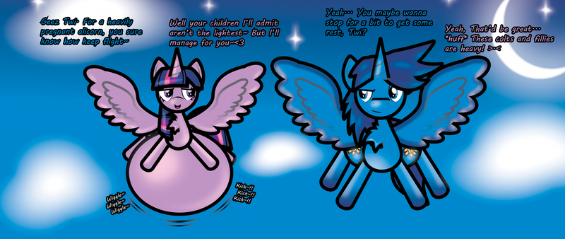 Size: 2952x1248 | Tagged: questionable, artist:fancyblue, derpibooru import, twilight sparkle, twilight sparkle (alicorn), oc, oc:blue thunder, alicorn, flying, image, png, pregnant, thundersparkle