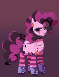 Size: 1658x2161 | Tagged: safe, artist:aztrial, derpibooru import, pinkie pie, earth pony, pony, boots, bow, clothes, collar, ear piercing, earring, emo, eyeshadow, female, gameloft interpretation, hair bow, image, jewelry, lipstick, makeup, mare, necklace, piercing, png, shoes, socks, solo, stockings, striped socks, tail, tail bow, thigh highs
