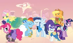 Size: 1600x941 | Tagged: safe, artist:luuandherdraws, derpibooru import, applejack, fluttershy, pinkie pie, rainbow dash, rarity, soarin', twilight sparkle, pony, unicorn, bride, clothes, cloudsdale, dress, female, groom, image, jpeg, male, mane six, mare, marriage, shipping, soarindash, stallion, straight, unicorn twilight, wallpaper, wedding, wedding dress