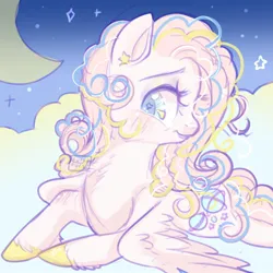 Size: 1000x1000 | Tagged: safe, artist:funky_furs, derpibooru import, baby stella, pegasus, pony, g1, cloud, crescent moon, female, image, jpeg, lying down, lying on a cloud, moon, night, night sky, on a cloud, prone, race swap, redesign, signature, sky, smiling, solo, stars, tail, unshorn fetlocks