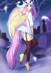 Size: 4341x6132 | Tagged: safe, artist:thaliati, derpibooru import, fluttershy, anthro, ghost, pegasus, pony, undead, clothes, costume, eyebrows, female, g4, halloween, halloween costume, holiday, image, jpeg, solo, spooky, wings