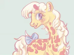 Size: 1600x1200 | Tagged: safe, artist:funky_furs, derpibooru import, creamsicle (g1), giraffe, g1, 2022, blushing, bow, female, image, jpeg, signature, simple background, smiling, solo, starry eyes, tail, tail bow, wingding eyes