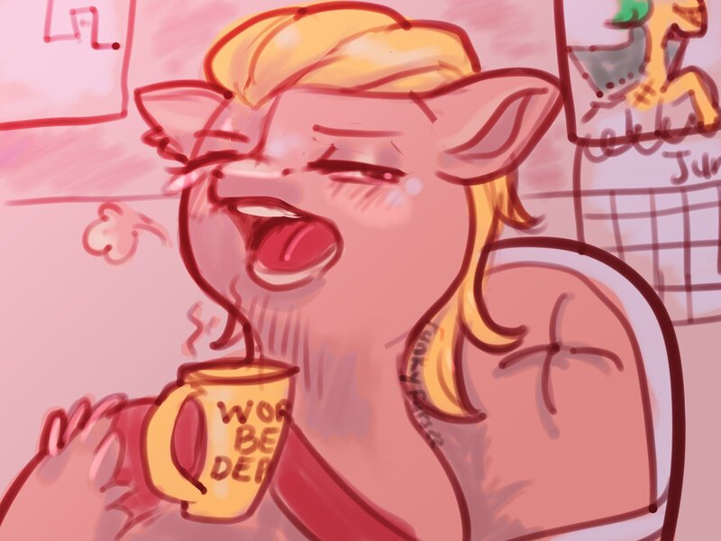 Size: 1600x1200 | Tagged: safe, artist:funky_furs, derpibooru import, hitch trailblazer, sprout cloverleaf, earth pony, pony, g5, calendar, coffee mug, eyes closed, hoof hold, image, jpeg, male, morning ponies, mug, open mouth, signature, sketch, stallion, steam, tired, unshorn fetlocks, waking up, yawn