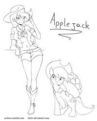 Size: 1280x1600 | Tagged: suggestive, artist:vesmirart, derpibooru import, applejack, earth pony, human, pony, apple, black and white, boots, bra, clothes, female, food, grayscale, hat, humanized, image, jpeg, leaning, lineart, monochrome, neckerchief, open clothes, open shirt, shoes, shorts, spurs, underwear