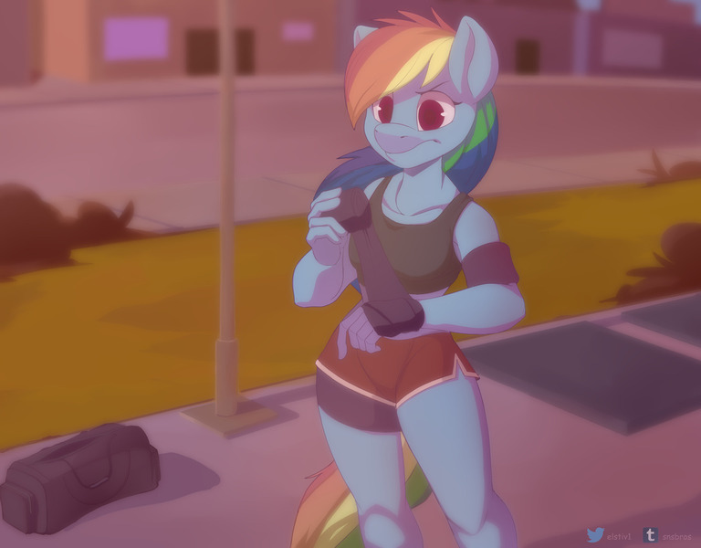 Size: 1280x1000 | Tagged: safe, artist:vesmirart, derpibooru import, rainbow dash, anthro, armband, athletic tape, bag, clothes, duffle bag, female, image, jpeg, shorts, solo, sports bra, sports shorts, wingless, wingless anthro