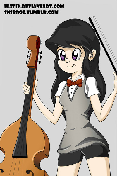 Size: 1280x1920 | Tagged: safe, artist:vesmirart, derpibooru import, octavia melody, human, bow (instrument), bowtie, cello, cello bow, clothes, female, gray background, humanized, image, jpeg, musical instrument, shirt, shorts, simple background, solo, vest