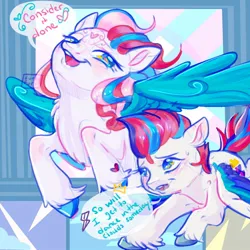 Size: 1000x1000 | Tagged: safe, artist:funky_furs, derpibooru import, star catcher, zipp storm, pegasus, pony, g3, g5, blushing, dialogue, duo, duo female, female, filly, filly zipp storm, flying, foal, g3 to g5, generation leap, generational ponidox, heart, heart mark, image, jpeg, mare, open mouth, open smile, signature, smiling, speech bubble, spread wings, sweat, sweatdrop, tail, unshorn fetlocks, wings, younger