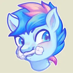 Size: 1000x1000 | Tagged: safe, artist:funky_furs, derpibooru import, oc, oc:blue chewings, unofficial characters only, earth pony, pony, bust, chew toy, gift art, image, jpeg, looking sideways, male, mouth hold, portrait, simple background, smiling, solo, stallion, tan background