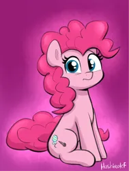 Size: 1408x1867 | Tagged: safe, artist:heretichesh, derpibooru import, oc, oc:pinkie pop, unofficial characters only, earth pony, pony, female, frown, image, looking at you, mare, not pinkie pie, png, signature, sitting, solo
