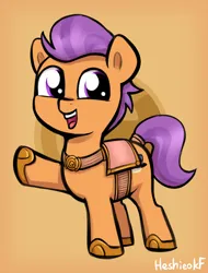 Size: 966x1268 | Tagged: safe, artist:heretichesh, derpibooru import, tender taps, earth pony, pony, colt, cute, foal, hoof shoes, image, male, open mouth, open smile, orange background, png, saddle, signature, simple background, smiling, solo, tack