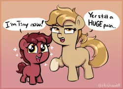 Size: 1994x1455 | Tagged: safe, artist:heretichesh, derpibooru import, oc, oc:peanut toffy, oc:raspberry toffy, unofficial characters only, earth pony, pony, dialogue, duo, female, filfil, filly, foal, gradient background, image, png, signature, smol, sparkles, speech bubble