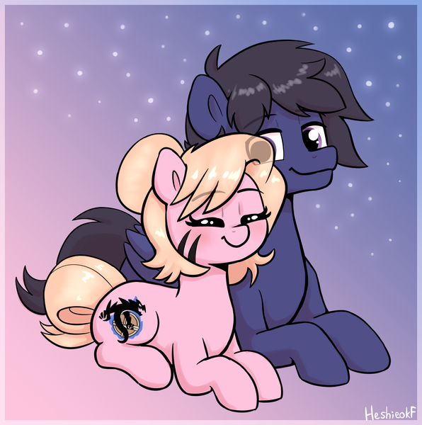 Size: 1734x1746 | Tagged: safe, artist:heretichesh, derpibooru import, oc, oc:fenris ebonyglow, oc:kara waypoint, earth pony, pony, cuddling, eyes closed, female, image, lying down, male, mare, oc x oc, png, prone, shipping, smiling, stallion, straight