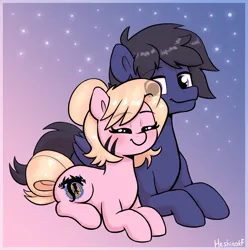 Size: 1734x1746 | Tagged: safe, artist:heretichesh, derpibooru import, oc, oc:fenris ebonyglow, oc:kara waypoint, earth pony, pony, cuddling, eyes closed, female, image, lying down, male, mare, oc x oc, png, prone, shipping, smiling, stallion, straight