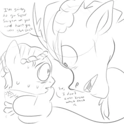 Size: 1000x1000 | Tagged: safe, artist:funky_furs, derpibooru import, discord, oc, draconequus, earth pony, pony, angry, dialogue, duo, g4, grayscale, horns, image, looking at each other, looking at someone, male, monochrome, open mouth, overprotective, png, protecting, sweat, threat