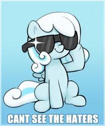Size: 1608x1931 | Tagged: safe, artist:heretichesh, derpibooru import, oc, oc:snowdrop, unofficial characters only, pegasus, pony, blind, blind joke, can't see the haters, female, filly, foal, gradient background, image, meme, png, smiling, solo, sunglasses, text, we are going to hell