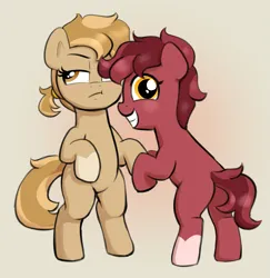 Size: 1647x1692 | Tagged: safe, artist:heretichesh, derpibooru import, oc, oc:peanut toffy, oc:raspberry toffy, unofficial characters only, earth pony, pony, bipedal, butt, duo, female, filly, foal, grin, image, looking at you, looking back, looking back at you, plot, png, smiling