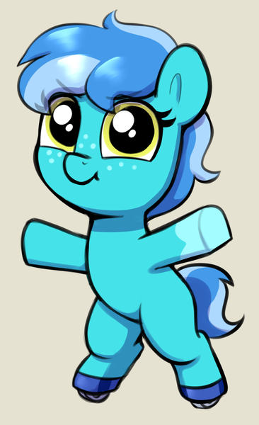 Size: 1024x1680 | Tagged: safe, artist:heretichesh, derpibooru import, oc, oc:saltwater toffy, unofficial characters only, earth pony, pony, bipedal, eye clipping through hair, female, filly, foal, freckles, image, looking at you, png, roller skates, simple background, skates, smiling, smiling at you, solo, tan background