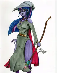 Size: 816x1056 | Tagged: safe, artist:masterdarhil, derpibooru import, twilight sparkle, equestria girls, fanfic art, hat, image, jpeg, legs, magic staff, marker drawing, roleplaying, smiling, solo, traditional art, wizard hat, wizard robe