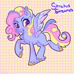 Size: 2048x2048 | Tagged: safe, artist:funky_furs, derpibooru import, oc, oc:stratus streamers, unofficial characters only, pegasus, pony, blushing, female, image, jpeg, looking back, mare, open mouth, open smile, pegasus oc, raised hoof, signature, smiling, solo, spread wings, tail, unshorn fetlocks, wings