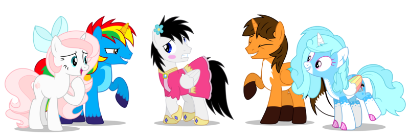 Size: 14155x4804 | Tagged: safe, artist:creedyboy124, derpibooru import, oc, oc:ej, oc:jemima sparkle, oc:shane park, oc:shield wing, oc:sweetheart, unofficial characters only, alicorn, pegasus, pony, unicorn, clothes, dress, embarrassed, female, image, laughing, male, mare, png, simple background, smiling, stallion, transparent background