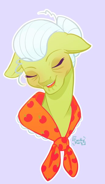 Size: 1173x2048 | Tagged: safe, artist:erieillustrates, derpibooru import, granny smith, earth pony, pony, bust, clothes, eyes closed, female, floppy ears, g4, granny smith's shawl, image, jpeg, lavender background, mare, open mouth, open smile, portrait, scarf, signature, simple background, smiling, solo