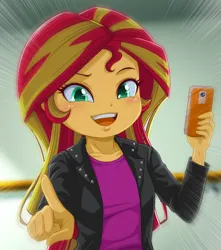 Size: 883x1000 | Tagged: safe, artist:uotapo, derpibooru import, sunset shimmer, equestria girls, blushing, clothes, cute, female, image, jacket, jpeg, leather, leather jacket, mobile phone, open mouth, phone, pointing at you, shimmerbetes, shirt, smartphone, solo, uotapo is trying to murder us