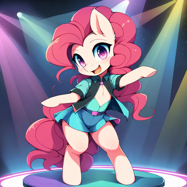 Size: 1024x1024 | Tagged: safe, derpibooru import, machine learning generated, pinkie pie, earth pony, pony, ai content, clothes, dancing, female, image, looking at you, png, smiling, solo