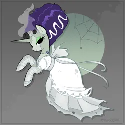 Size: 2360x2360 | Tagged: safe, artist:syrupyyy, derpibooru import, rarity, pony, spider, unicorn, bride of frankenstein, clothes, dress, female, frankenstein, gradient background, image, lidded eyes, looking at you, mare, png, rearing, smiling, smiling at you, solo, wedding dress, wedding veil
