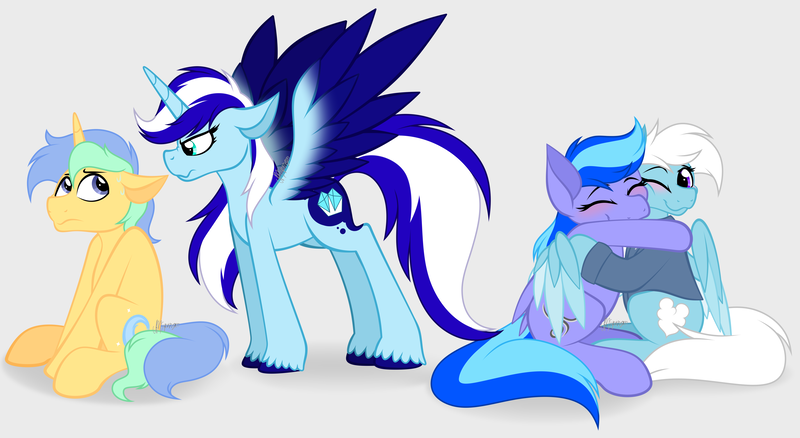 Size: 7160x3924 | Tagged: safe, artist:feather_bloom, derpibooru import, oc, oc:featherbloom, oc:ice storm, oc:star stream, oc:windy, alicorn, pegasus, pony, unicorn, blushing, clothes, commission, denim, denim jacket, fear, hug, image, intimidating, jacket, nervous, png, simple background, unshorn fetlocks