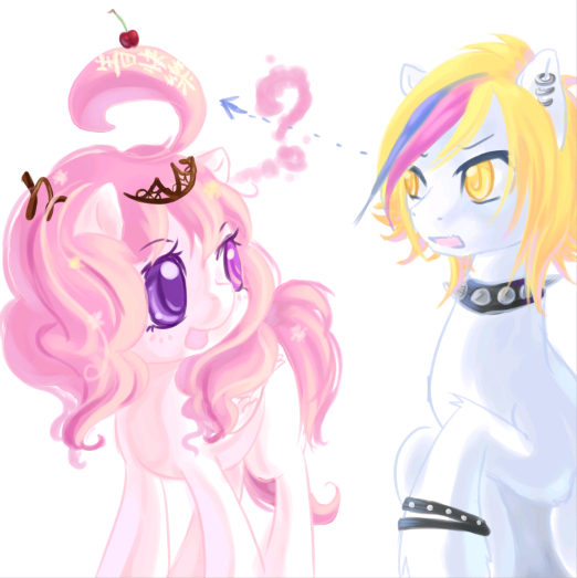 Size: 522x523 | Tagged: safe, artist:tzulin520, derpibooru import, oc, oc:亞麻, oc:綿綿, unofficial characters only, pegasus, pony, bracelet, cherry, choker, crown, duo, ear piercing, female, food, freckles, image, jewelry, mare, pair, pegasus oc, piercing, png, question mark, regalia, simple background, spiked choker, white background, wings