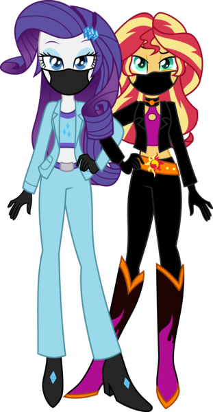 Size: 3632x7000 | Tagged: safe, artist:limedazzle, derpibooru import, edit, editor:brokenadam, rarity, sunset shimmer, equestria girls, equestria girls series, belt, black jacket, blue jacket, boots, clothes, coronavirus, covid-19, cutie mark, cutie mark on clothes, face mask, gloves, high heel boots, image, mask, png, shoes, simple background, transparent background