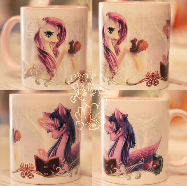 Size: 1024x1020 | Tagged: safe, artist:tzulin520, derpibooru import, fluttershy, twilight sparkle, twilight sparkle (alicorn), alicorn, pegasus, pony, squirrel, book, craft, duo, female, image, irl, jpeg, mare, mug, photo, reading