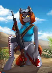Size: 3157x4465 | Tagged: suggestive, artist:lifejoyart, ponerpics import, oc, unofficial characters only, anthro, pony, bandolier, bikini, breasts, clothes, ear piercing, earring, female, fn fal, gun, image, jewelry, jpeg, piercing, rifle, shirt, swimsuit, weapon