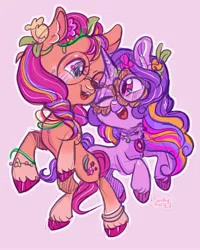 Size: 1638x2048 | Tagged: safe, artist:erieillustrates, derpibooru import, izzy moonbow, sunny starscout, earth pony, pony, unicorn, g5, my little pony: make your mark, blush lines, blushing, bridlewoodstock, bridlewoodstock (make your mark), cute, duo, duo female, female, flower, flower in hair, glasses, happy, horn, image, izzybetes, izzyscout, jewelry, jpeg, lesbian, looking at each other, looking at someone, mare, my little pony: make your mark chapter 4, necklace, one eye closed, open mouth, open smile, pink background, shipping, signature, simple background, smiling, sunnybetes, unshorn fetlocks, wink