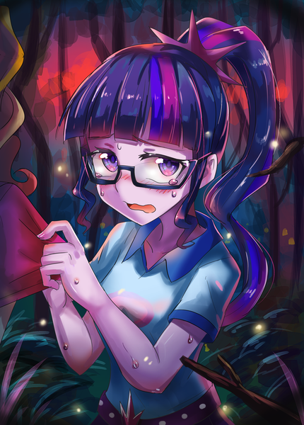 Size: 1770x2472 | Tagged: safe, artist:tzc, derpibooru import, sci-twi, sunset shimmer, twilight sparkle, human, equestria girls, legend of everfree, blushing, camp everfree outfits, clothes, duo, duo female, female, forest, glasses, image, offscreen character, open mouth, png, ponytail, shirt, shirt pull, solo focus, sweat, teary eyes, tree