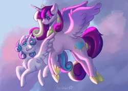 Size: 2427x1733 | Tagged: safe, artist:noristar17, derpibooru import, princess cadance, princess flurry heart, alicorn, pony, chest fluff, duo, female, filly, filly flurry heart, flying, foal, image, jpeg, mare, mother and child, mother and daughter, older