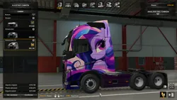 Size: 1920x1080 | Tagged: safe, derpibooru import, edit, oc, unofficial characters only, earth pony, euro truck simulator 2, image, jpeg, looking back, multicolored mane, pink eyes, purple mane, smiling, truck