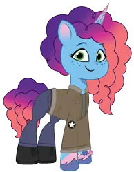 Size: 917x1182 | Tagged: safe, artist:edy_january, artist:prixy05, derpibooru import, edit, vector edit, pony, unicorn, g5, my little pony: tell your tale, boots, clothes, denim, girls und panzer, image, jacket, jeans, jewelry, long pants, military, military pony, misty brightdawn, pants, png, saunders, shirt, shoes, simple background, solo, transparent background, vector