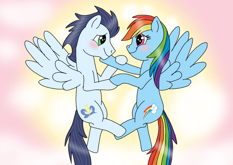 Size: 1013x720 | Tagged: safe, artist:bronyhands, derpibooru import, edit, rainbow dash, soarin', pegasus, pony, blushing, female, flying, image, male, mare, png, shipping, soarindash, stallion, straight