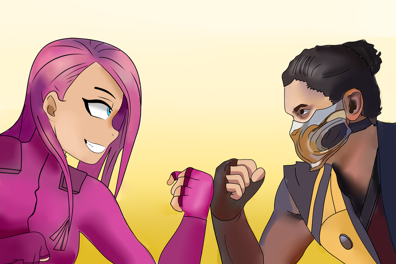 Size: 8504x5669 | Tagged: source needed, safe, artist:saulazuli, derpibooru import, pinkie pie, human, crossover, humanized, image, mortal kombat, mortal kombat 1, pinkamena diane pie, png, scorpion (mortal kombat)