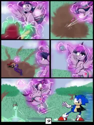 Size: 6000x8000 | Tagged: safe, alternate version, artist:chedx, derpibooru import, twilight sparkle, twilight sparkle (alicorn), alicorn, hedgehog, comic:learning with pibby glitch battles, boots, clothes, comic, commission, community related, corrupted, crossover, dc comics, image, lying down, miniskirt, multiverse, png, shoes, side, skirt, sonic the hedgehog, sonic the hedgehog (series), starfire, teen titans, thigh boots