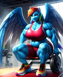 Size: 832x1024 | Tagged: suggestive, derpibooru import, machine learning generated, stable diffusion, rainbow dash, anthro, pegasus, plantigrade anthro, ai content, breasts, busty rainbow dash, clothes, derpibooru exclusive, dumbbell (object), female, fetish, gym, gym shorts, image, muscle fetish, musclegut, muscles, muscular female, png, prompter:professordoctorc, rainbuff dash, shoes, sneakers, solo, solo female, sports bra, thighs, thunder thighs, weights