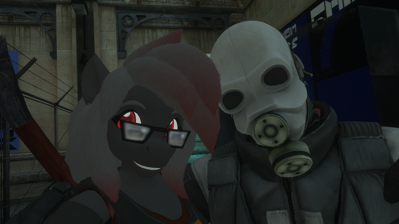 Size: 3840x2160 | Tagged: safe, derpibooru import, oc, oc:blood stain, anthro, 3d, city 17, glasses, half-life, half-life 2, hev suit, image, metrocop, png, selfie, smiling, vrchat