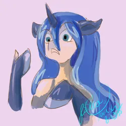 Size: 4550x4550 | Tagged: dead source, safe, artist:wolfyjacreddelicious, derpibooru import, princess luna, alicorn, anthro, pony, 2015, absurd resolution, bust, female, hooves, human to pony, image, jpeg, looking at something, old art, simple background, solo, transformation